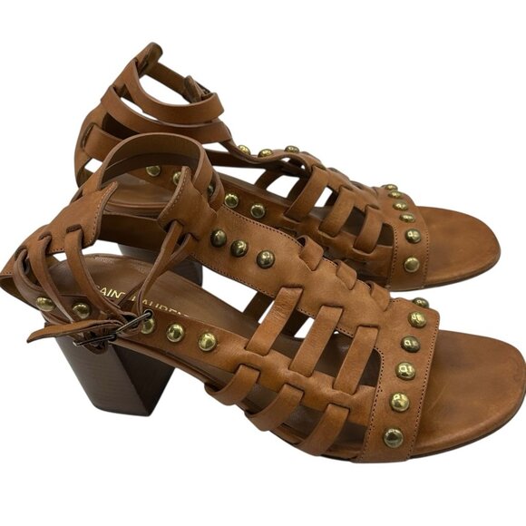Saint Laurent Studded Leather Gladiator Wedge Sandals Size 39 - Picture 3 of 13